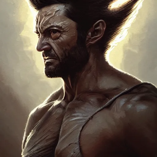 Image similar to portrait of Wolverine in costume, amazing splashscreen artwork, splash art, head slightly tilted, natural light, elegant, intricate, fantasy, atmospheric lighting, cinematic, matte painting, by Greg rutkowski