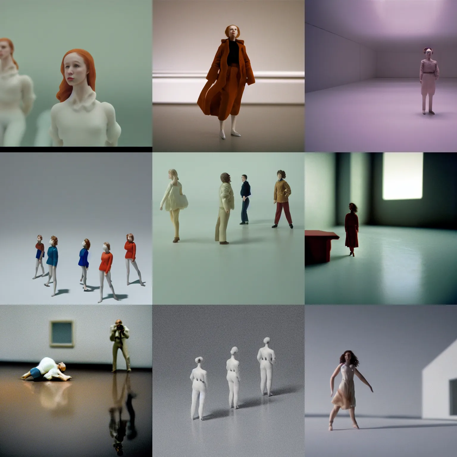 Prompt: beautiful three point perspective film still of holly herndon character study in merce cunningham, extreme closeup portrait in style of frontiers in miniature porcelain photography fashion architectural art studio edition, miniature figurines, tilt shift background, soft lighting, kodak portra 4 0 0, 8 k, macro, cinematic style by emmanuel lubezki