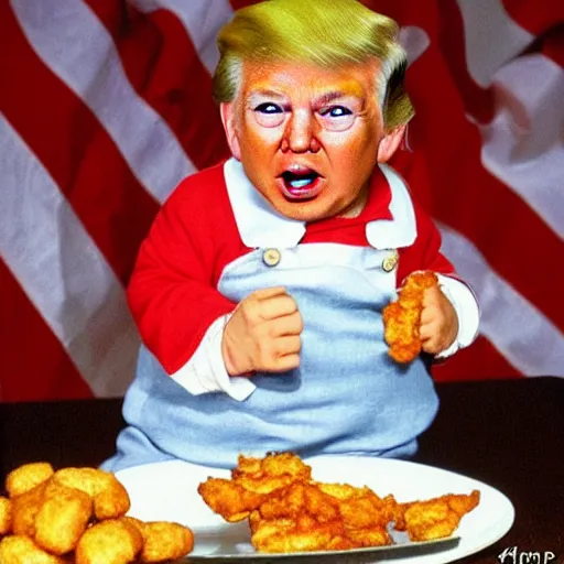 Image similar to Donald trump as a man baby crying, sitting in a high chair, because his mom is with holding a plate chicken nuggets, mannerism,