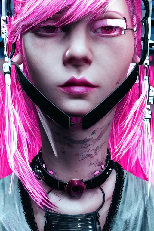 Image similar to detailed realistic female character cyberpunk wearing thick technological , pink hair, pulp style collar around neck, realistic, art, beautiful, 4K, collar, choker, collar around neck, punk, artstation, detailed, female, woman, choker, cyberpunk, neon, punk, collar, choker, collar around neck, thick collar, tight around neck, punk,