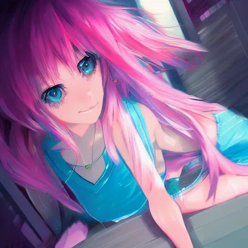 Prompt: digital anime art!!, gamer girl! bedroom sleeping!! desk!!, azure blue eyes, pink hair, iterations 5 0 0 0, wlop, rossdraws, artgerm, ross tran