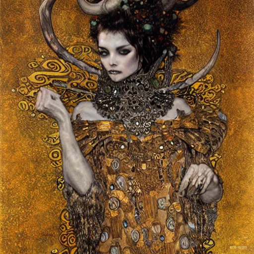 Image similar to horned demon, intricate detail, klimt, royo, whealan,