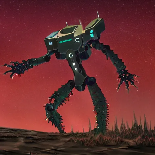 Image similar to spacepunk organic biomech living evangelion giant robot, made of spikes, lovecraftian, fullbody concept, surrounded by dunes, evil