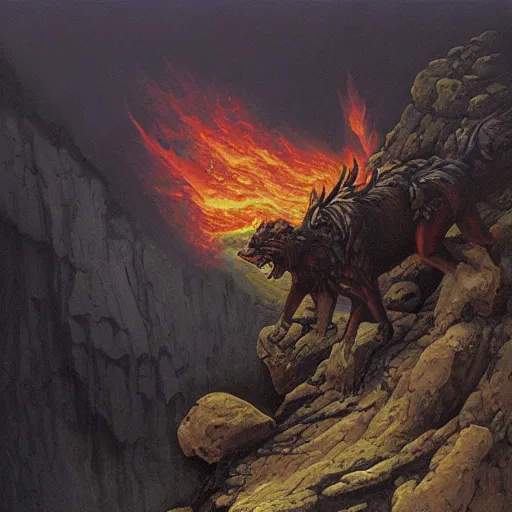 Image similar to Highly detailed oil painting of a fire hellhound on a narrow rock bridge, underground, intricate artwork by Angus McBride, John Howe, Matthew Stewart, Ted Nasmith, heroic fantasy