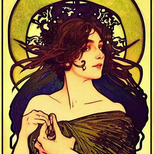 Image similar to akwafina portrait by louis - theophile hingre and alphonse mucha, realistic, sharp focus, zodiac signs, tarot cards, planets, ethereal, art nouveau, magic, moon, sun, crown, dreamy, royal, jewellery