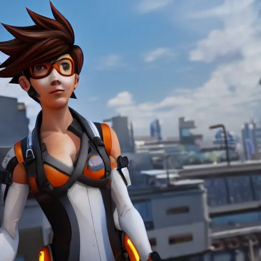 Image similar to tracer, standing on rooftop, 4 k, detailed, smiling at camera, confident stance