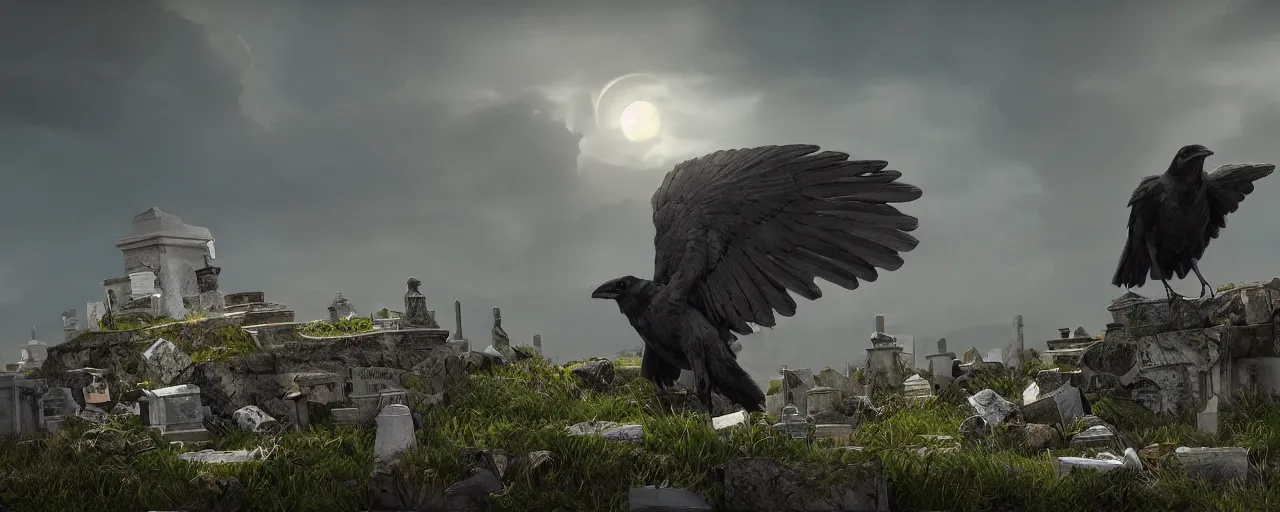 Image similar to Raven on a cementary, beautiful dynamic lighting, cinematic, wide angle establishing shot, extremely high detail, photo realistic, cinematic lighting, post processed, concept art, artstation, matte painting, style by frederic church, raphael lacoste, unreal engine 8k