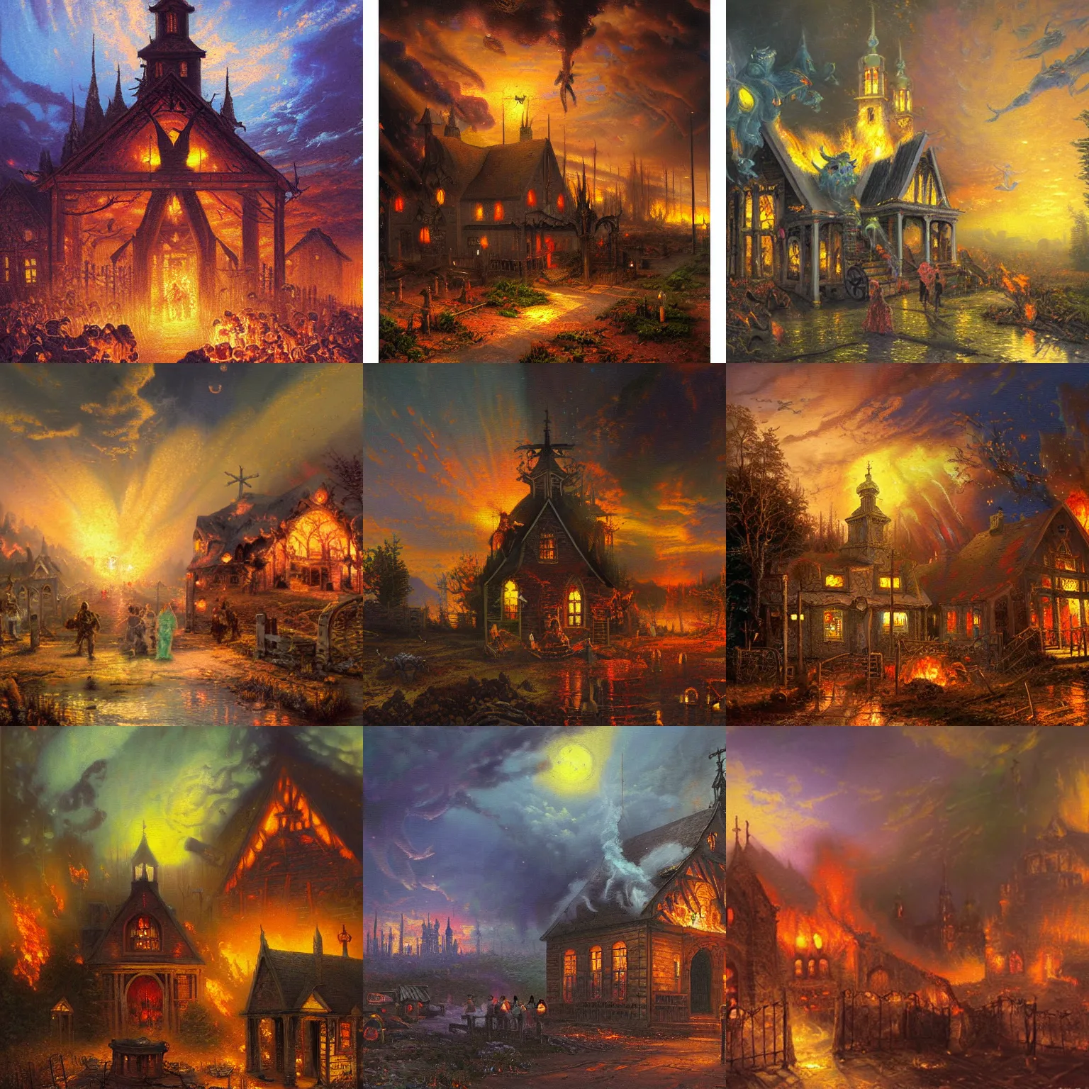 Prompt: A painting of a burning apocalyptic country chapel at night surrounded by demons from hell by Thomas Kinkade