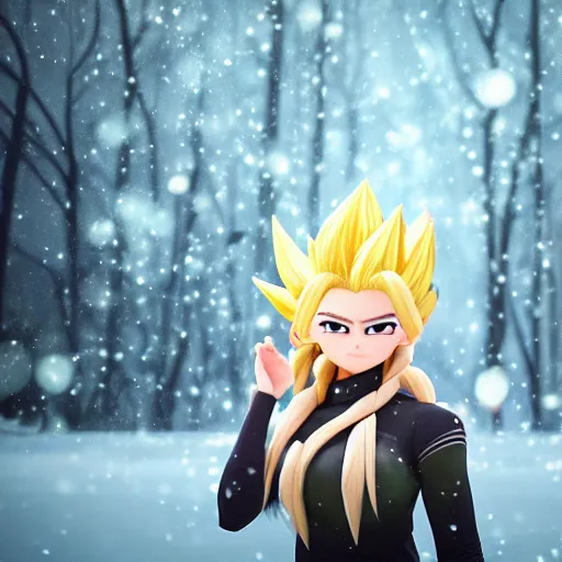 Prompt: portrait focus of angry super saiyan beautiful 3 d anime girl posing, frozen ice dark forest background, snowing, bokeh, inspired by masami kurumada, octane render, volumetric lighting