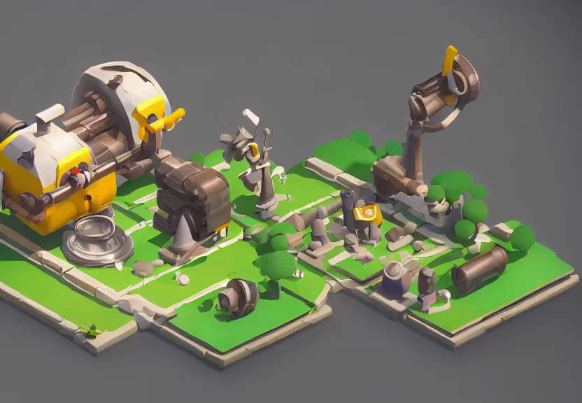 Image similar to isometric chubby cute cannon, clean, cartoon, octane render, unreal engine, artstation