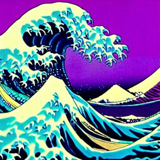 Image similar to vaporwave great wave of kanagawa, outrun, 90s style