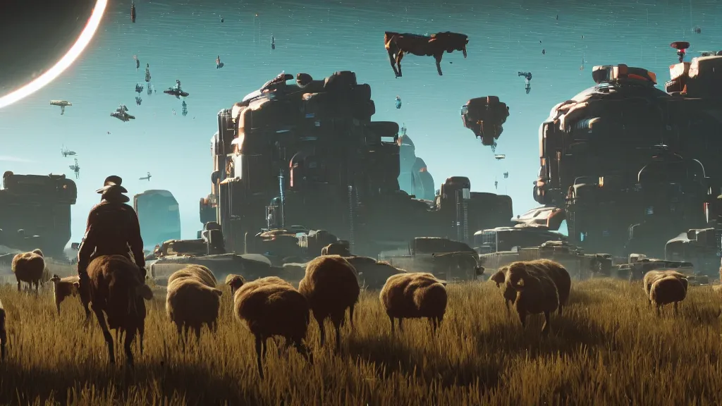 Image similar to Cyberpunk cowboys herding sheep in a No Man's Sky landscape