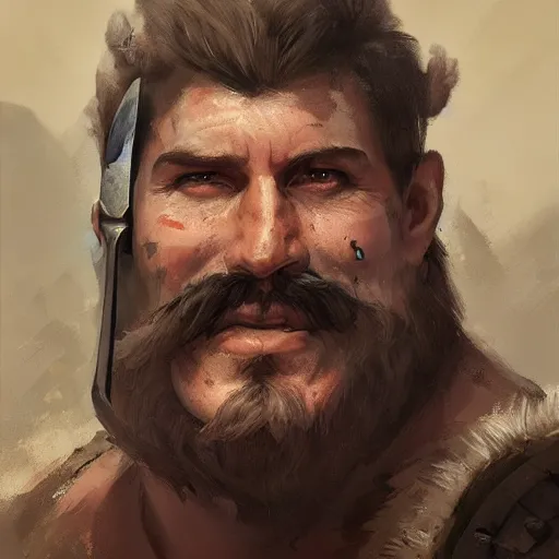 Image similar to portrait old barbarian warrior with big trucker mustache and short hair, 8 k, trending on art station, by tooth wu and greg rutkowski