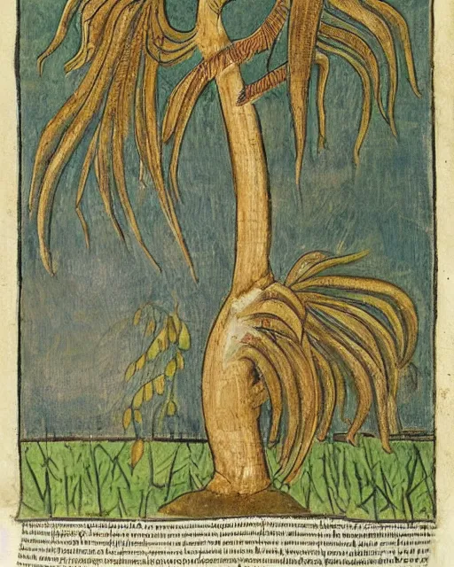 Image similar to a manuscript painting of exeggutor in the style of the Rochester Bestiary, Ashmole Bestiary