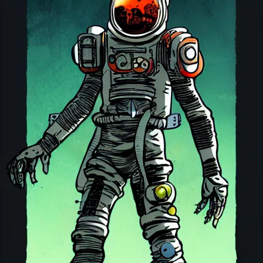 Prompt: a four-armed cyberpunk Astronaut, in the style of Ashley Wood and Moebius