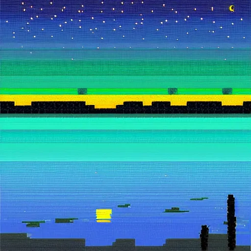 Prompt: night sky reflected in the water, landscape pixel art