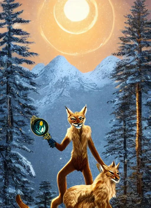 Image similar to anthropomorphic lynx holding a golden shiny scepter, night, spruce trees on the sides, mountains in the background, eerie dark atmosphere, moonlit, back light, fantasy movie, fantasy art, fantasy matte painting, trending on artstation