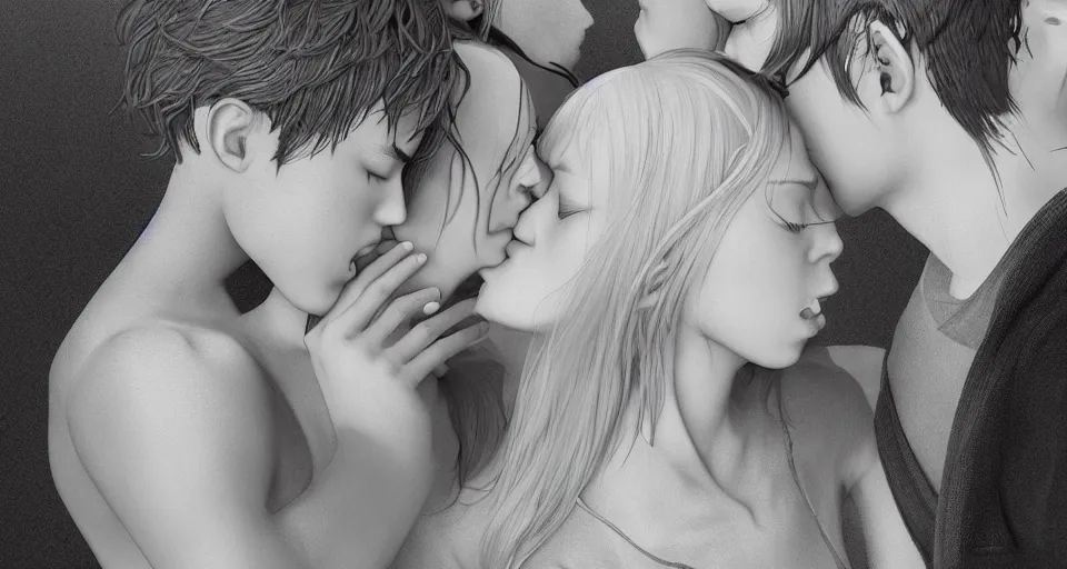 Image similar to xray photos of bionic couples kissing each other, octane render, concept art, realistic, high details, art by hsiao - ron cheng and james jean highly detailed, intricate detail, unreal engine, octane render