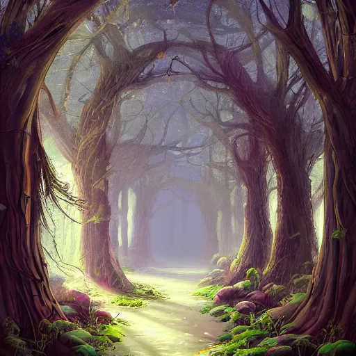 Prompt: corridors through fantasy forest dreamscapes, highly detailed painting, illustration, trending on artstation