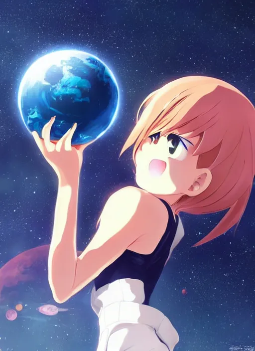 Prompt: a gigantic anime girl in outer space holding a planet in her hand. Anime, Makoto Shinkai, trending on ArtStation, digital art.