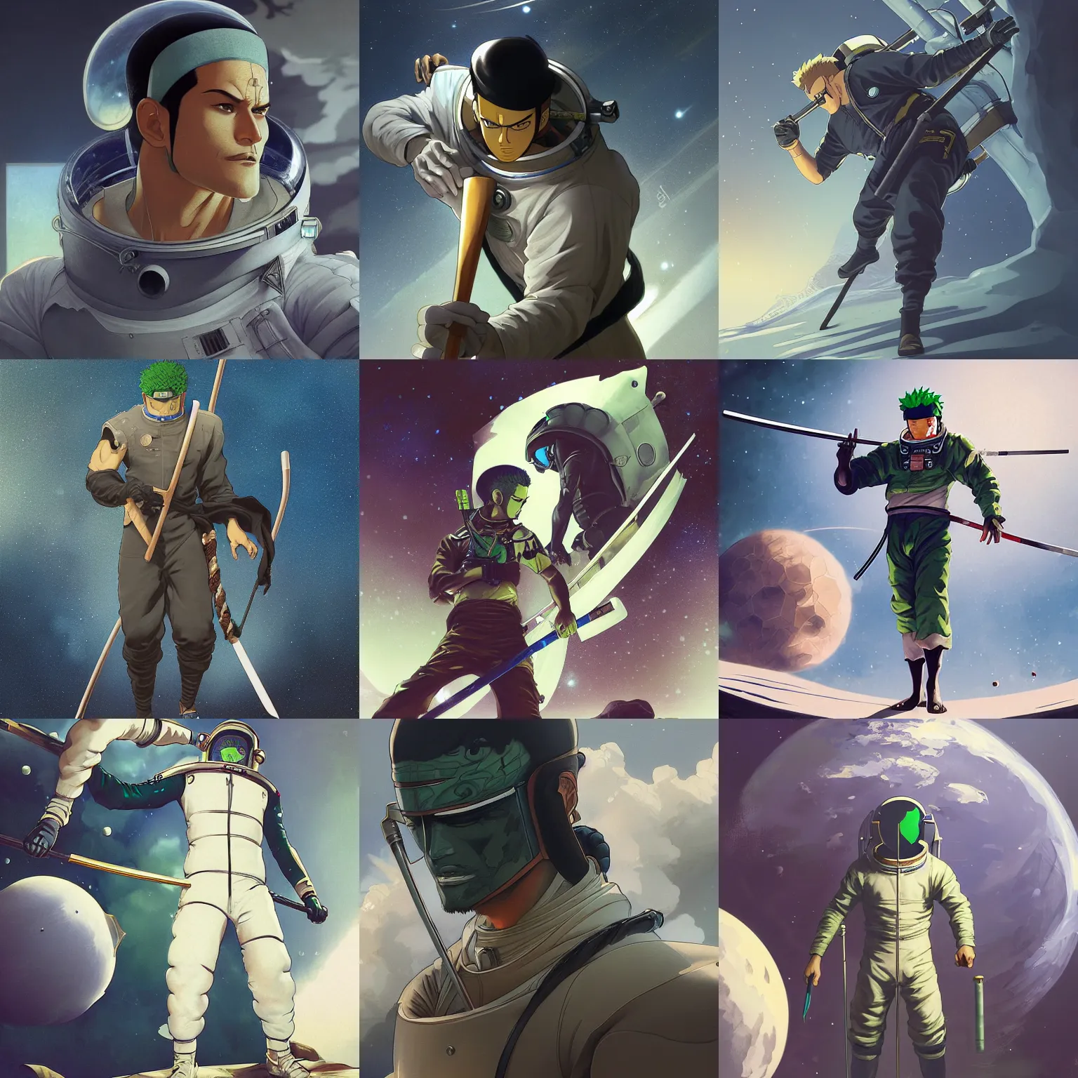 Prompt: roronoa zoro in a astronaut suit and roronoa zoro, sharp focus, roronoa zoro, art by artgerm and greg rutkowski and alphonse mucha, highly detailed, roronoa zoro, intricate, digital painting, unreal engine 5, smooth, concept art, 8 k, illustration, artstation