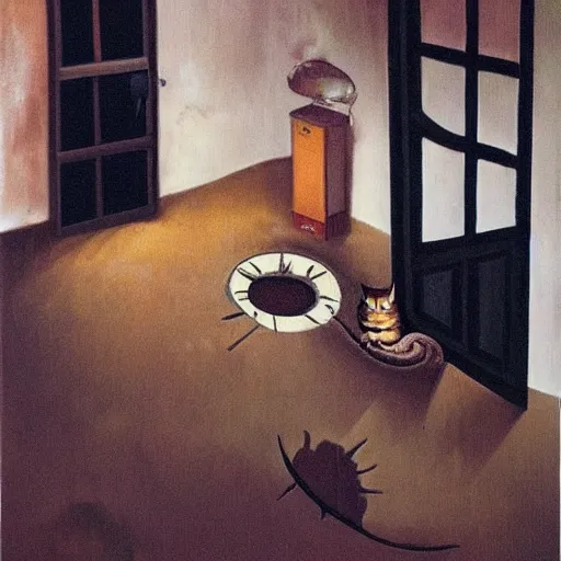 Image similar to a cat in floor inside a dark house, surrealism