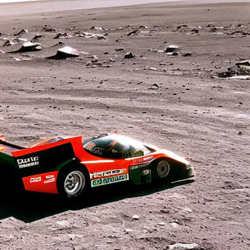 Image similar to Mazda 787B driving on the surface of the moon film photo 1992