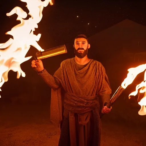 Image similar to award winning cinematic still portrait of intense 27 year old Mediterranean skinned man in Ancient Canaanite clothing, holding a flaming torch, beard, short hair, Nighttime. Army holding torches in the background, action, violence, Biblical epic directed by Steven Spielberg