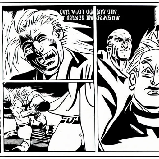 Prompt: johnny sins going super sayan in a fight against saul goodman, illustrated by alex toth