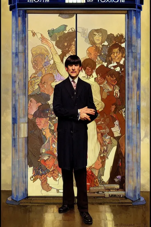 Image similar to The second Doctor standing next to the TARDIS, portrait by Stanley Artgerm Lau, greg rutkowski, thomas kindkade, alphonse mucha, loish, norman Rockwell