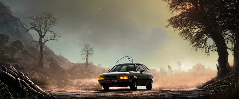 Prompt: Armored Audi 80 B3 Avant (1988) facing off a dark knight, The Elder Scrolls III: Morrowind, an epic fantasy, Morrowind, Vivec City, dramatic lighting, cinematic, establishing shot, extremely high detail, photorealistic, cinematic lighting, artstation, by simon stalenhag