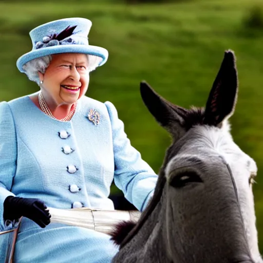 Image similar to queen elizabeth riding on a donkey