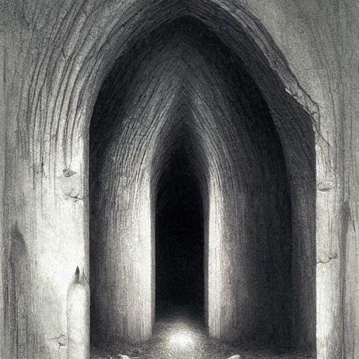 Image similar to cathedral, dungeon, sepulcher, oubliette. unsettling. semi - organic. tunnel, doorways. zdzisław beksinski