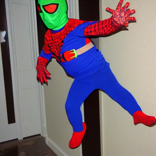 Prompt: halloween photo of fat chuck trying to be spiderman IMG_