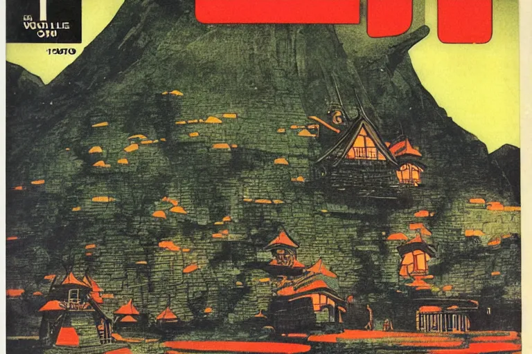 Image similar to 1 9 7 9 omni magazine cover of dnd village. japanese woodblock style by vincent di fate