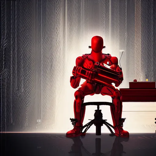 Image similar to cyborg in red room sitting Infront gramophone, concept art high quality image, denoise