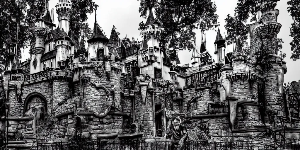 Prompt: horror version of disneyland park, creepy, dark, scary, monsters, zombies