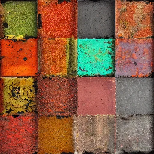 Prompt: large squares of different colors, rust texture, detailed, part of the photo is missing