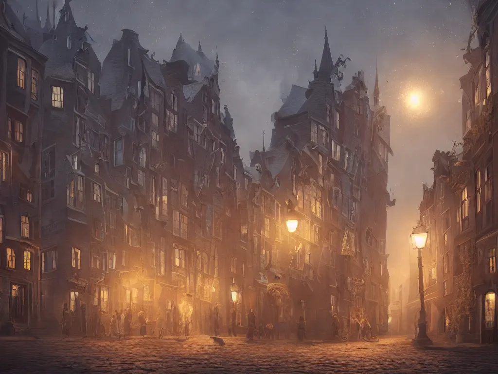 Prompt: a magical town with a few very crooked and deformed tall buildings, inspired by amsterdam and victorian england, night time, magical realism, dreamlike, digital painting, highly detailed, concept art, game art, matte painting, trending on artstation, octane render, 8 k, unreal engine