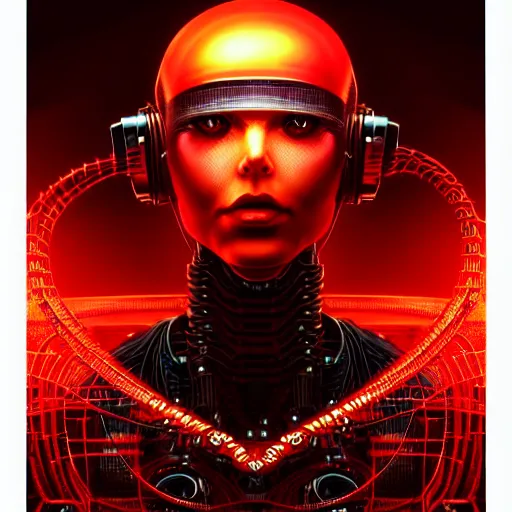 Image similar to low angle shot of a cyberpunk robot character, red computer wires, intricate, elegant, highly detailed, centered, digital painting, artstation, concept art, smooth, sharp focus, illustration, artgerm, Tomasz Alen Kopera, Peter Mohrbacher, donato giancola, Joseph Christian Leyendecker, WLOP, Boris Vallejo