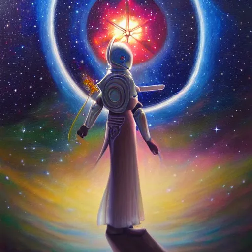 Prompt: facing the dark star with a sword in hand, galactic nebular astral realm sacred journey in oil painting, trending on artstation, award winning, emotional, highly detailed surrealist art