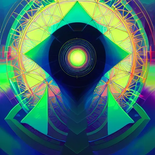 Prompt: abstract sacred geometry universal mesh, vaporwave aesthetic, colorful, psychedelic, digital painting, artstation, concept art, smooth, sharp focus, illustration, art by artgerm and greg rutkowski and alphonse mucha