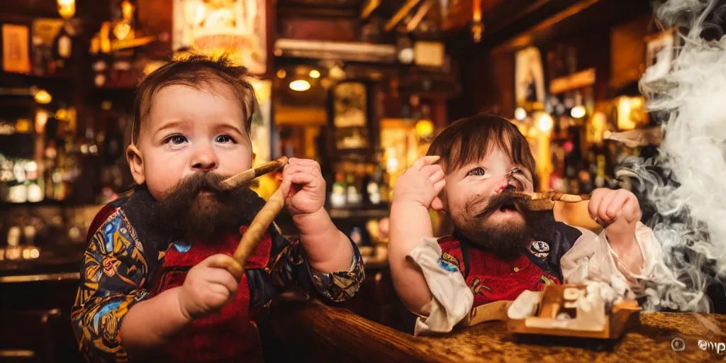Prompt: Weird baby with a beard and mustache smoking a big cigar in a bar, (EOS 5DS R, ISO100, f/8, 1/125, 84mm, postprocessed, crisp face, facial features)