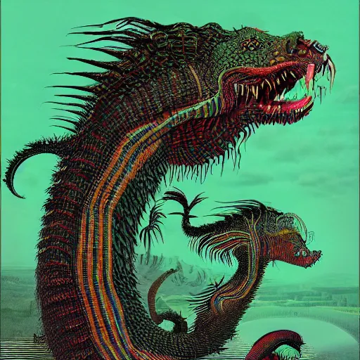 Prompt: half Basilisk half Cerberus drooling hungrily, style of Codex Seraphinianus, troubling, unsettling, pixel sorting style. Highly detailed, cinematic, dramatic