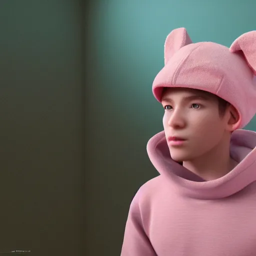 Image similar to ultra realistic illustration, young man in a pink sweatshirt, brown hair, pink bunny ears, cute, highly detailed, artstation, concept art, smooth, sharp focus, octane render, unreal engine 5, hyperrealism