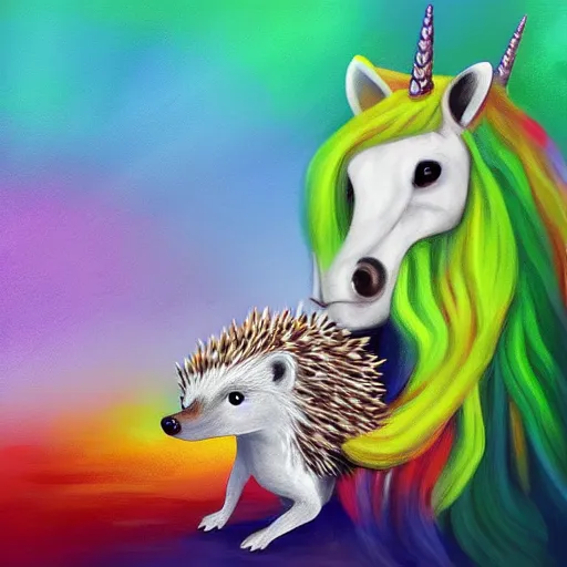 Prompt: a hedgehog riding on a unicorn, digital painting realism