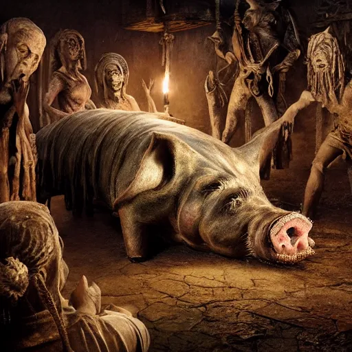 Image similar to a highly detailed realistic photographic render of dead souls worshipping a severed head of a pig with crown of thorns , dead souls, religious sculpture, creepy, cinematic lighting, cinematic scene, Volumetric lighting, Atmospheric scene, Dark, Horror, Atmospheric lighting, Global illumination, realistic, photo realism, hyper realistic, hyper realism, photo realisitc, cinematic render, film, beautifully lit, ray traced, octane 3D render, octane render, unreal engine