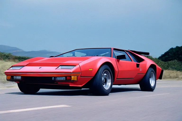 Image similar to 1975 De Tomaso Pantera Countach, movie still, speed, cinematic Eastman 5384 film