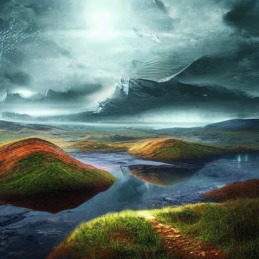 Prompt: A landscape where the future and past collide, epic digital art, grandiose