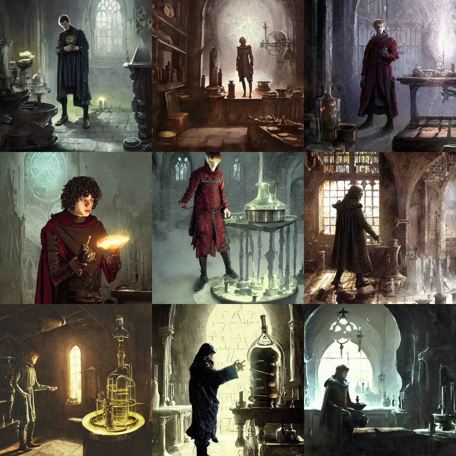 Prompt: jesse eisenberg as an enigmatic medieval alchemist in a alchemy lab. dark shadows, colorful, ( low key light ), law contrasts, fantasy concept art by jakub rozalski, jan matejko, and j. dickenson